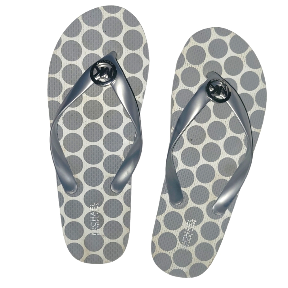 Michael Kors Silver Jet Set Rubber Women Flip Flops - Size 8 Large
